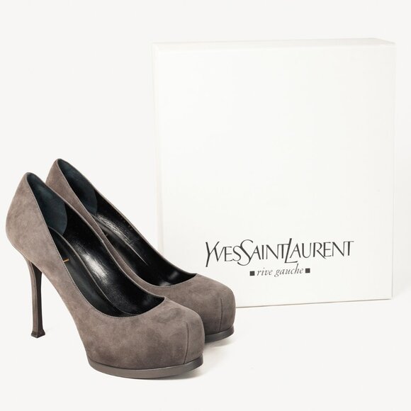 Saint Laurent Tribute Earth Grey Suede Platform Pumps - Picture 11 of 11